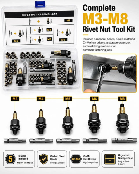 Rivet Nut Tool Kit for Carbon Steel M3 Through M8 with Drill Adapter and 5 Mandrel Heads plus Cr-Mo Steel Hex Drivers, All-In-One Rivet Nut Installation Set for Fast, Pro-Grade Repairs and Projects. M3-M8 kit in case