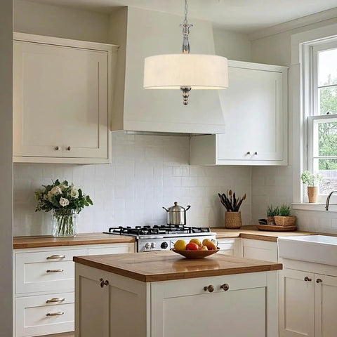 Hip Black Drum Chandeliers Four Light Semi Flush Mount Ceiling Light Fixture in kitchen with island and white cabinets