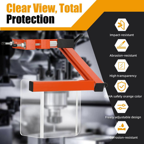 Drill Press Guard with Flip Up Shield for 2 to 4 Inch Column Diameters showing features like high transparency and adjustability.