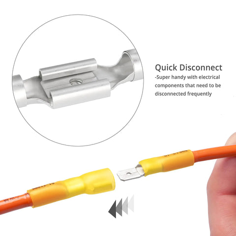 Must Have Pro Grade Heat Shrink Spade Connector Kit 250 Pcs showing male and female disconnect terminals in use