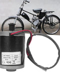 Beefy 24V 100W DC Brushed Motor with aluminum housing and metal belt pulley in front of an electric bike