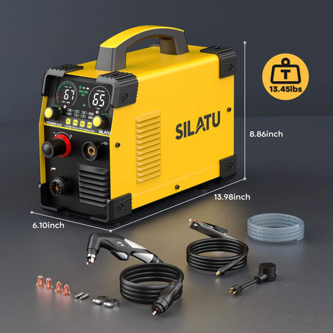 65 Amp Non HF Plasma Cutter With Blowback Pilot Arc CNC Ready Dual Voltage 110 And 220V unit and accessories display