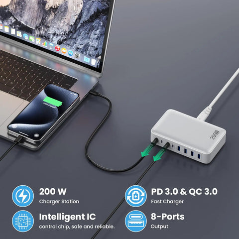GaN III 8 Port USB C Charger Hub With 200W Total Power charging MacBook and smartphone