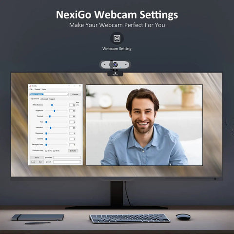 Smooth 1080P 60FPS Webcam With Autofocus Dual Mics And Privacy Cover For Crisp Streams Zoom Meetings Gaming Twitch And Super Simple Plug And Play Setup on a monitor with settings interface.