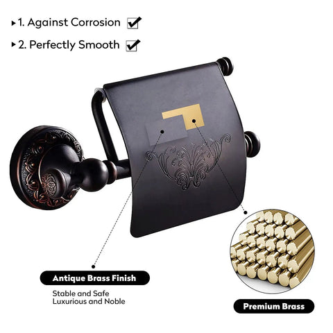Oil Rubbed Bronze Toilet Paper Holder With Cover, durable brass tissue roll holder for bathroom, antique finish detail.