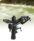 G1 Female Thread Adjustable Dual Nozzle Rocker Arm Sprinkler in black for lawn irrigation, rotating 30-360 degrees for even coverage.