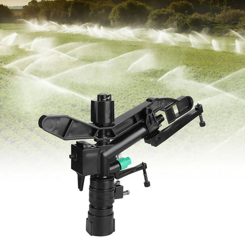 G1 Female Thread Adjustable Dual Nozzle Rocker Arm Sprinkler in black for lawn irrigation, rotating 30-360 degrees for even coverage.