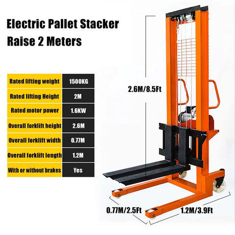 Heavy Duty Electric Pallet Stacker With Adjustable Forks, 2.6m height, 1500kg capacity, ideal for warehouse loading.