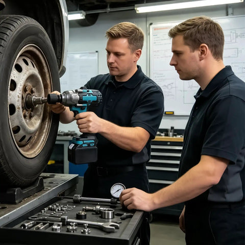 Heavy Duty 1000Nm Electric Brushless Shock Torque Wrench for Cars used by technicians on a vehicle tire in a garage.