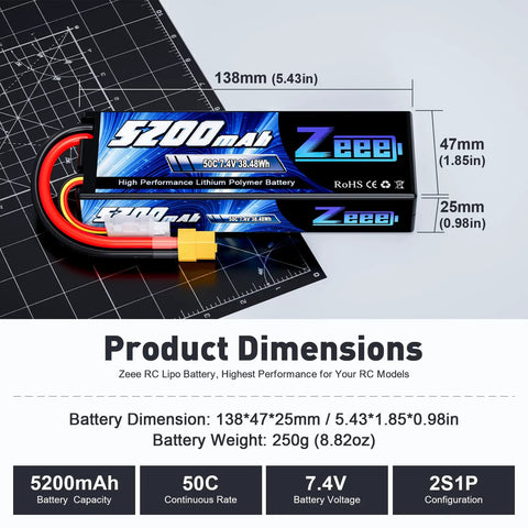 2S 7.4V Beefy 5200mAh 50C LiPo Battery with XT60 plug, hard case, product dimensions and specifications shown