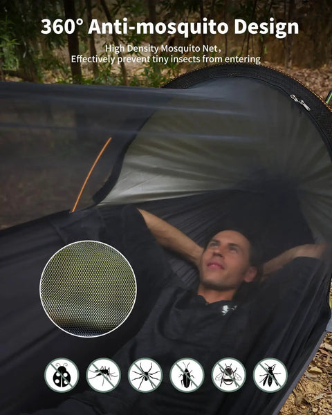 Man resting in 4 In 1 Camping Hammock Tent With Mosquito Net showing anti-mosquito design.