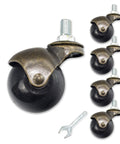 Set Of 5 Vintage Bronze 2 Inch Ball Roller Old-School Office Chair Casters With M8x15mm Threaded Stem Replacement, Quiet Smooth Rolling 2 Inch Wheels In Antique Golden Copper Finish, Fits 12 To 22mm Screw Sizes. Five vintage bronze 2-inch ball roller chair casters with M8 threaded stems and wrench