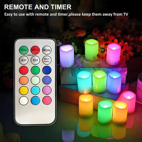 Lit Color Changing Flameless Votive Candles With Timer Set Of 10, remote control, vibrant rainbow RGB LED tealights on display