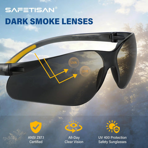 Top Shelf Tinted Safety Glasses 24 Bulk Pack With Ansi Z87.1 Rating And Kickass Uv Protection For Hard Shift Construction Crews Smoke Grey Impact close-up of dark smoke lenses with UVA and UVB protection.
