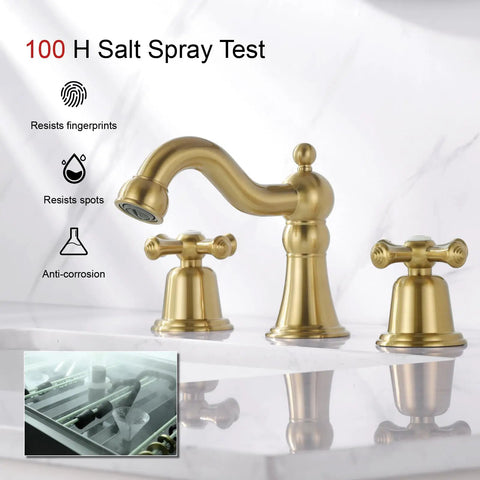 Brushed Gold Widespread Bathroom Faucet 8 Inch 3 Hole With Two Cross Handle Knobs And Drain For Vanity Sink Tap Vintage Classic Style Upgrade Your Bath Game With Long Lasting Shine And Easy Maintenance shown with salt spray test results.