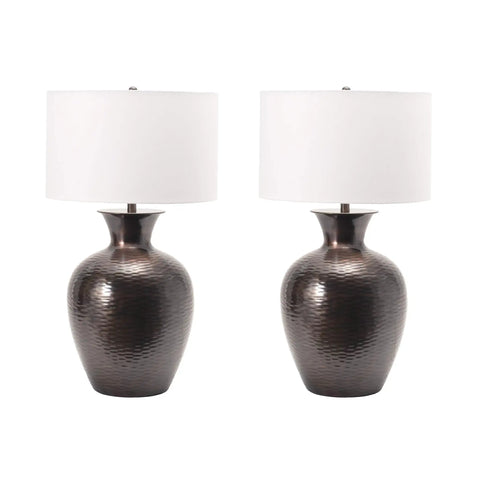 Atmore 27 Inch Iron Table Lamp In Copper Finish With Cotton Drum Shade For Cozy Mood Vibe Lighting On Living Room End Tables Bedroom Or Entryway 3 Way Switch Modern Farmhouse Style, pair of lamps front view
