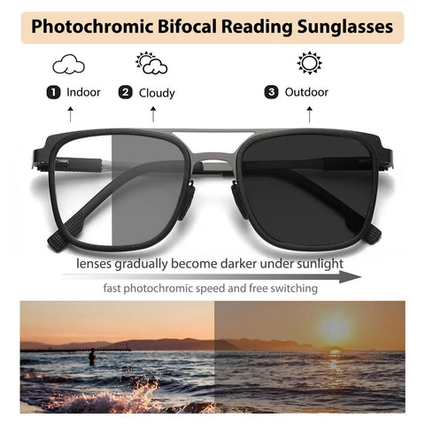 Bifocal Photochromic Reading Glasses For Women With Anti Blue Light UV Protection, Outdoor Ready Readers shown with lens transition
