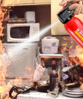 8 Pack Fire Extinguisher Spray Stop Fires Dead Class A B C K Compact Portable Rescue For Cars Trucks RV Boats Campers Marinas And Homes With Wall Mount For Kitchen Garage Ultimate Grit Shield spraying fire extinguishing agent in kitchen fire.
