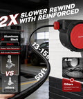 Heavy Duty Retractable Air Hose Reel With Smooth Auto Rewind 3/8 X 50 Feet Max 300 PSI mounted on wall showing features.