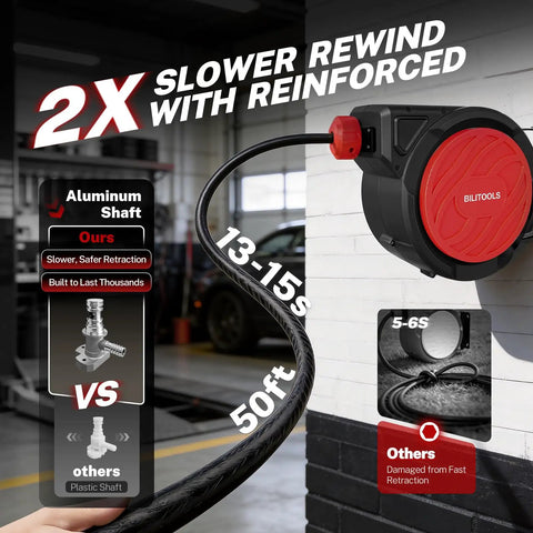 Heavy Duty Retractable Air Hose Reel With Smooth Auto Rewind 3/8 X 50 Feet Max 300 PSI mounted on wall showing features.