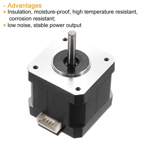 Front view of a NEMA 17 stepper motor (42x42x40mm) with metal shaft and white XH2.54 connector.