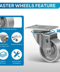 Heavy duty steel casters with 360-degree swivel, high quality cast iron, galvanized frames, easy installation, and floor safety features.