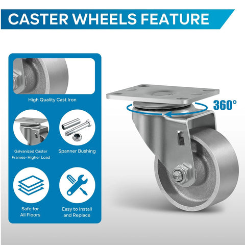 Heavy duty steel casters with 360-degree swivel, high quality cast iron, galvanized frames, easy installation, and floor safety features.