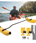 Inflatable Stabilizer Kit For Canoe And Kayak, Portable PVC outrigger displayed with kayaker in water, yellow color, setup components