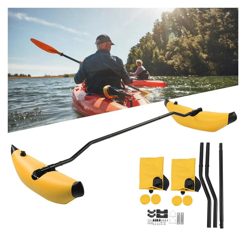 Inflatable Stabilizer Kit For Canoe And Kayak, Portable PVC outrigger displayed with kayaker in water, yellow color, setup components