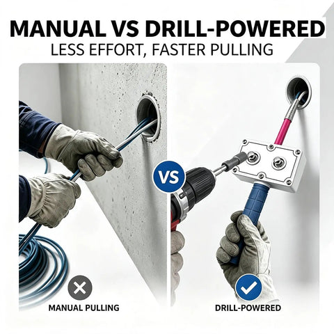 Comparison of manual vs drill-powered Heavy Duty Portable Wire Pulling Tool With Cord Adapter For Electricians in use.