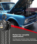 Manual Chain Block Hoist 1 Ton Capacity With 2 Heavy Duty Hooks Steel Hand Lift 8 Ft Lift Black Oxide Chains shown lifting car engine
