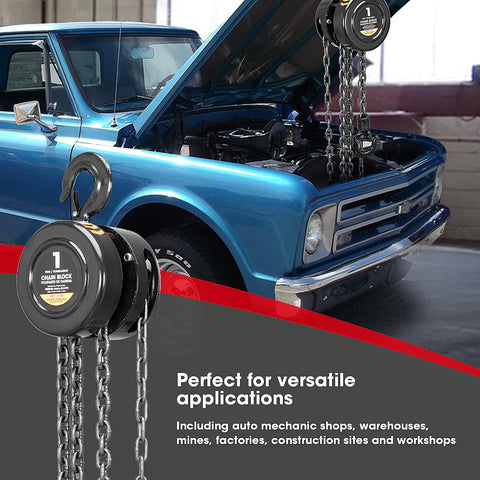 Manual Chain Block Hoist 1 Ton Capacity With 2 Heavy Duty Hooks Steel Hand Lift 8 Ft Lift Black Oxide Chains shown lifting car engine