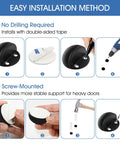 Easy installation guide for heavy duty floor mounted door stops, showing no drilling method and screw-mounted option.