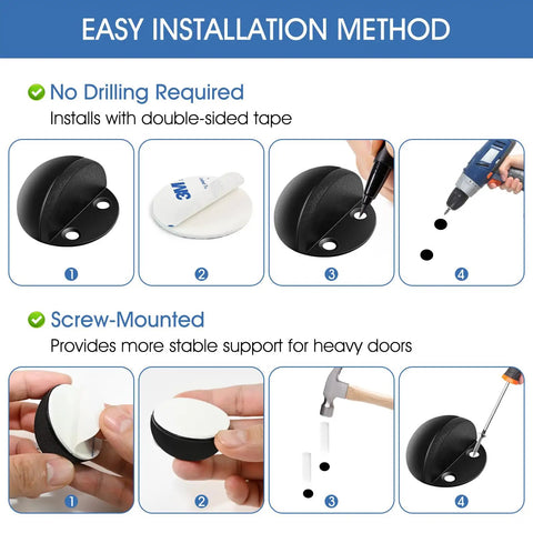 Easy installation guide for heavy duty floor mounted door stops, showing no drilling method and screw-mounted option.