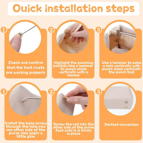 Quick installation steps for Snag This Solid Twenty Six Piece Purse Feet And Handbag Feet Metal Stud Rivet Kit For Thin Leather Crafts.