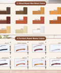 11 wood repair wax colors and 8 furniture repair markers displayed for Slick Vinyl Floor Repair Kit With Smart Heat Tool.