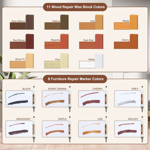 11 wood repair wax colors and 8 furniture repair markers displayed for Slick Vinyl Floor Repair Kit With Smart Heat Tool.