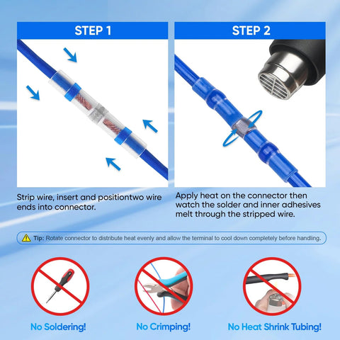 Solder-seal butt wire connectors set, 150 pcs, blue heat-shrink, waterproof insulated electrical terminals.
