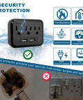 Three Outlet Wall Charger Extender With Built In Warm White LED Nightlight For Travel Ready Home Office Dorm And Car Non Blocking Sockets Safe ABS Surge Protector displayed with safety icons for overvoltage and surge protection.