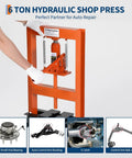 6-Ton H-Frame hydraulic shop press in use with adjustable pressure press plates, orange finish, for garages and workshops