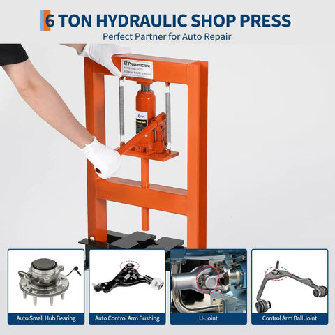 6-Ton H-Frame hydraulic shop press in use with adjustable pressure press plates, orange finish, for garages and workshops
