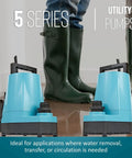 1/6 HP Rugged Aluminum Submersible Utility Pump Delivers Killer Liquid Transfer With 18 Ft Power Cord And 1 Inch FNPT Discharge Also Adds 3/4 Garden Hose Adapter For No Sweat Pumping At Home Or Work, shown with green boots.