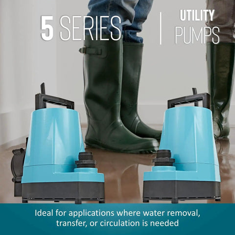 1/6 HP Rugged Aluminum Submersible Utility Pump Delivers Killer Liquid Transfer With 18 Ft Power Cord And 1 Inch FNPT Discharge Also Adds 3/4 Garden Hose Adapter For No Sweat Pumping At Home Or Work, shown with green boots.