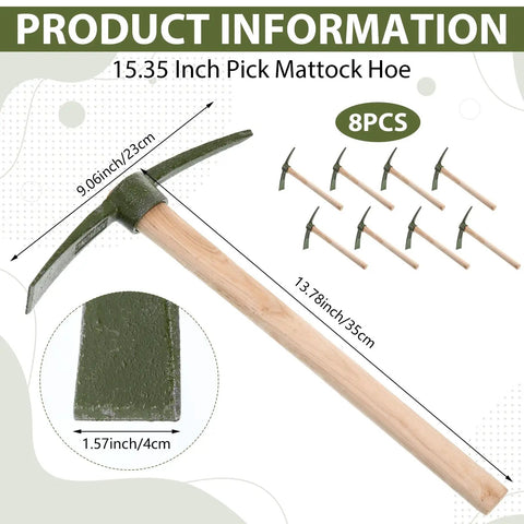 Eight Piece 14 Inch Heavy Duty Forged Garden Pick Axe Set with Non Slip Handles for Weeding Cultivation Camping Prospecting
