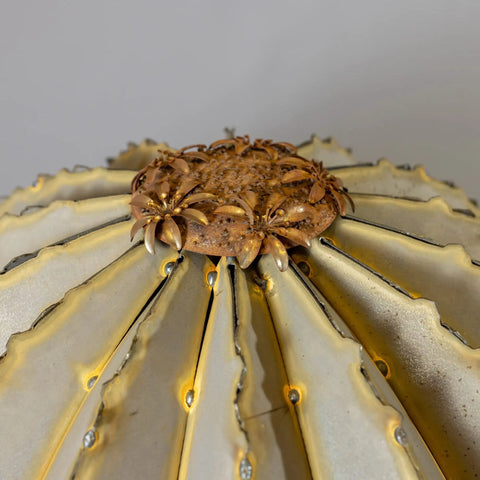 Top view of Golden Barrel Cactus Torch Outdoor Yard Art In Weatherproof Steel Large 18 Inch Wide By 13 Inch High Lawn Decor That Burns For 4 To 6 Hours Southwestern Desert Tiki Light For Backyard Vibes.