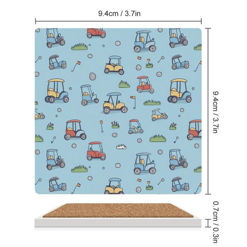 Solid Grip Square Ceramic Drink Coasters With Non Slip Cork Base Waterproof Design To Keep Surfaces Fresh And Dry Real Deal Quality For Home Bars And Coffee Tables, featuring golf cart design on blue background.