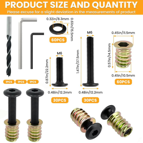 60 Sets M6 Threaded Insert Nuts and Bolts Kit for Wood Hex Socket Furniture Screws 4/5 and 1-1/2 Inch with Washers Wrenches Drill Bit