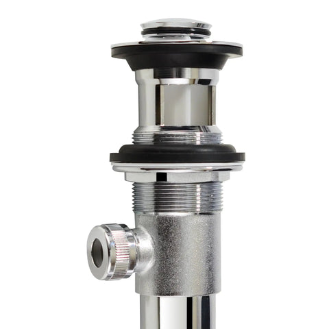 Heavy Duty Bathroom Sink Drain Stopper Assembly With Lift Rod And Overflow In Chrome Finish Fits Standard One And A Half Inch Or One And Three Quarter Inch Drains For Easy Install And No Fuss Water Flow, close-up view