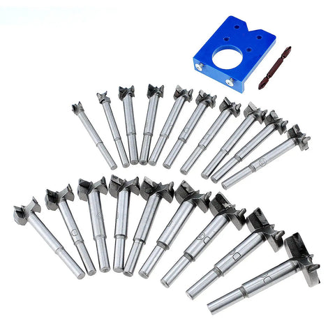 19 Piece Forstner Drill Bit Set 10mm To 40mm Range Pro Grade Woodworking Hole Cutter Bits arranged with a jig and screwdriver bit