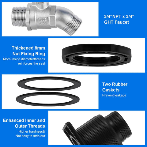 Components of Stock Tank Drain Plug Kit Compatible With Popular Rubbermaid Stock Tanks 50, 70, 100, 150, 300 Gallon With Three Quarters Inch NPT And Three Quarters Inch GHT Stainless Hose Faucet Connector.